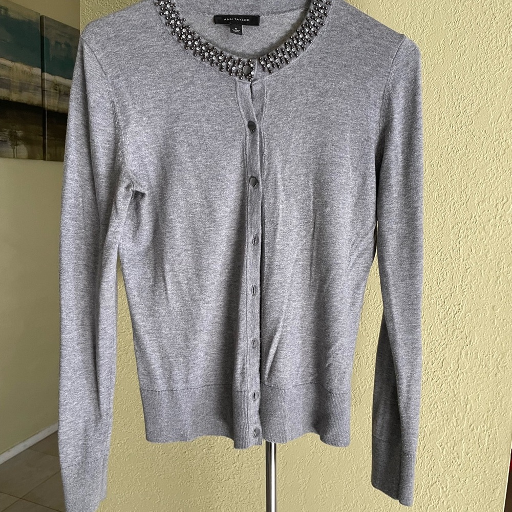 Ann Taylor Gray Jeweled Crewneck Cardigan